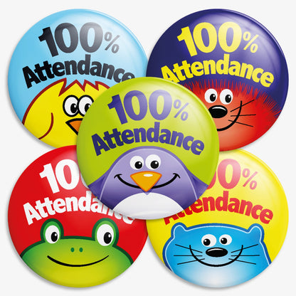 100 Animal 100% Attendance Badges - 38mm