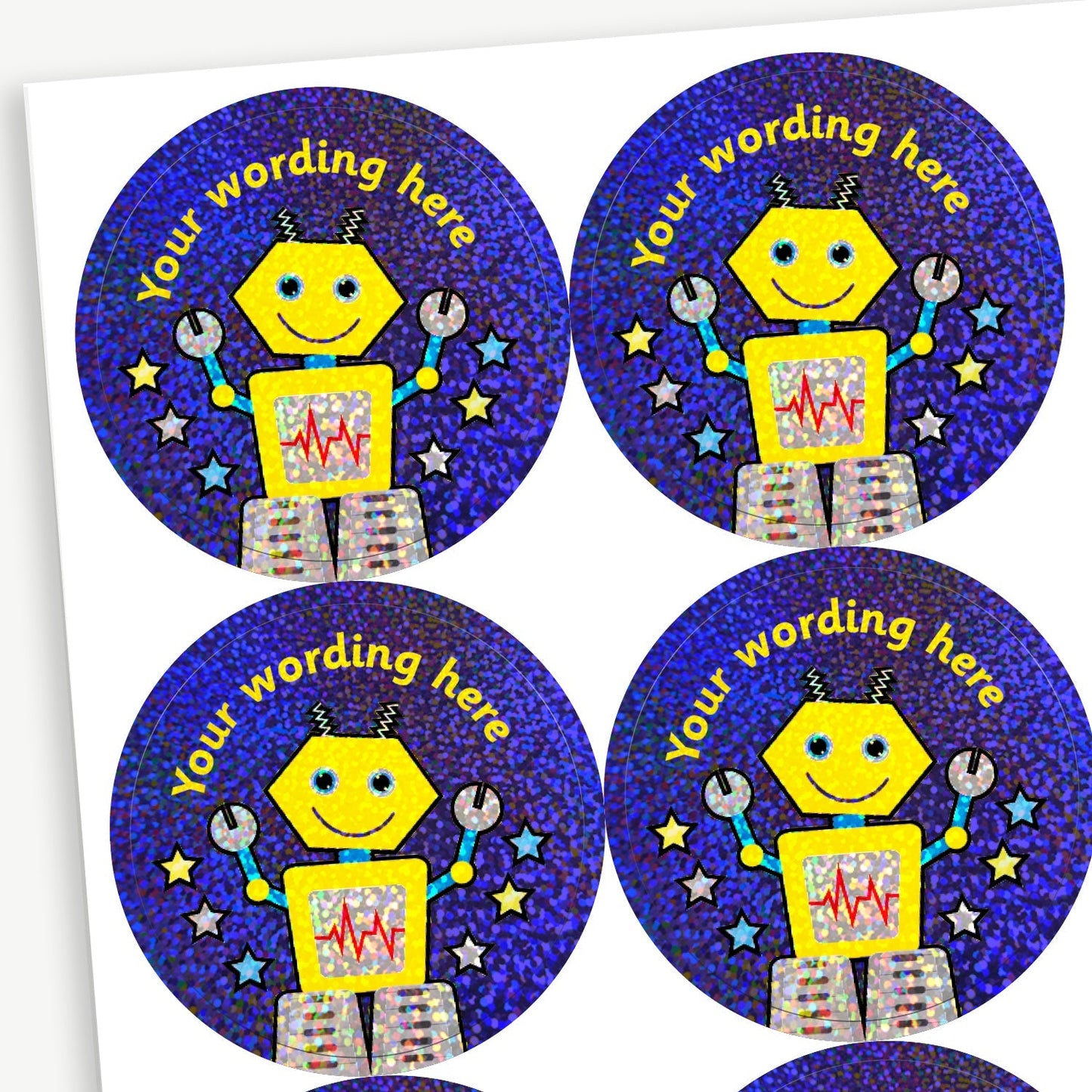 70 Personalised Holographic Robot Stickers - 37mm