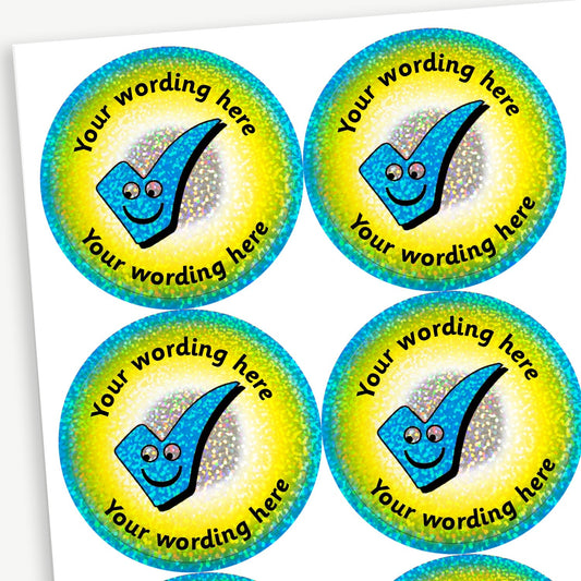 70 Personalised Holographic Tick Stickers - 37mm