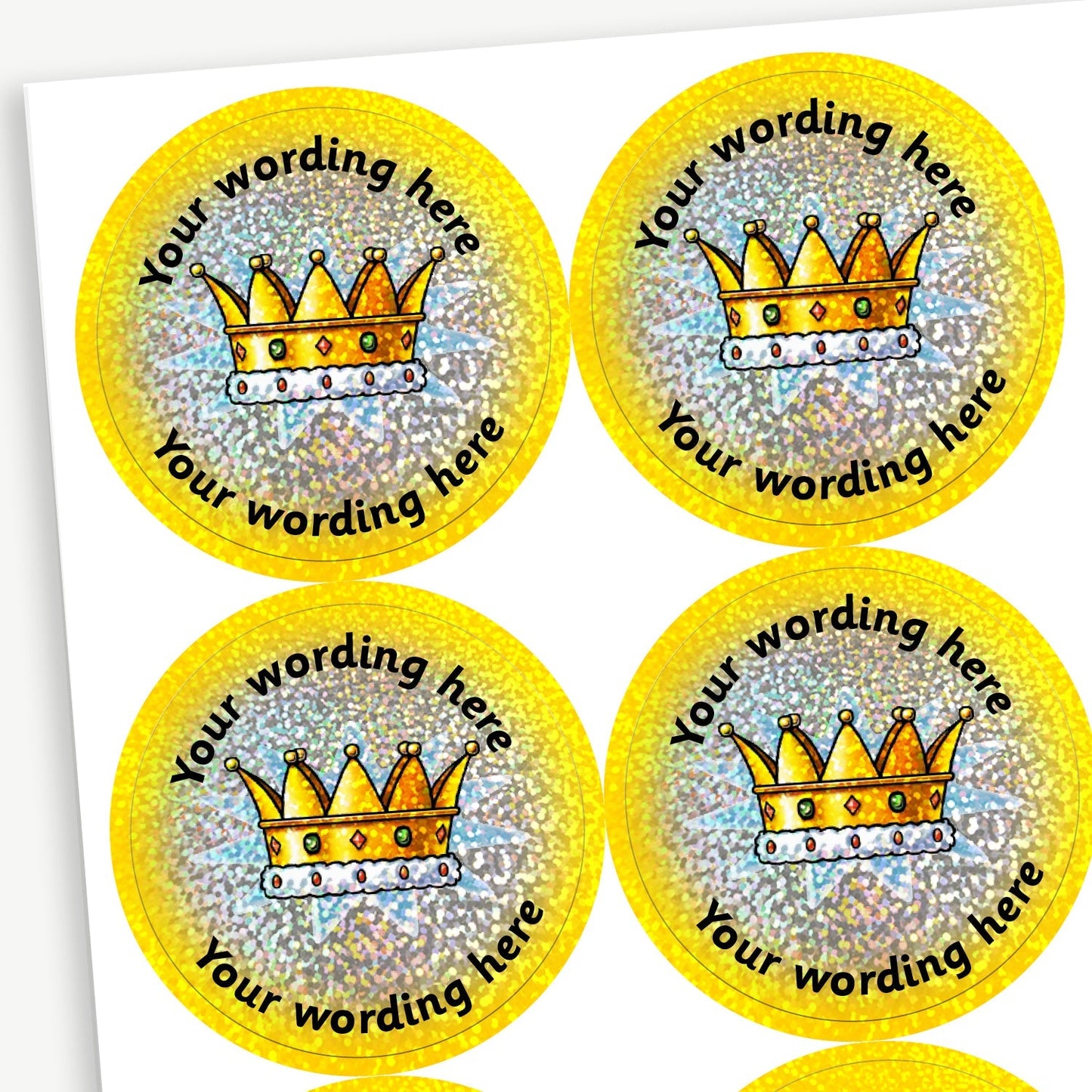 70 Personalised Holographic Gold Crown Stickers - 37mm