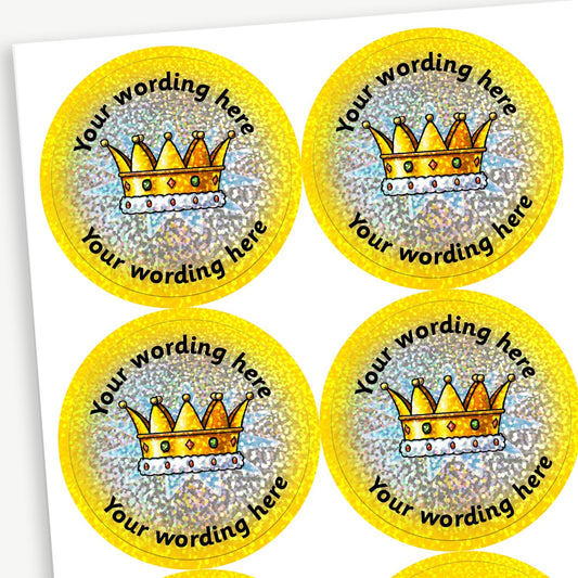 70 Personalised Holographic Gold Crown Stickers - 37mm