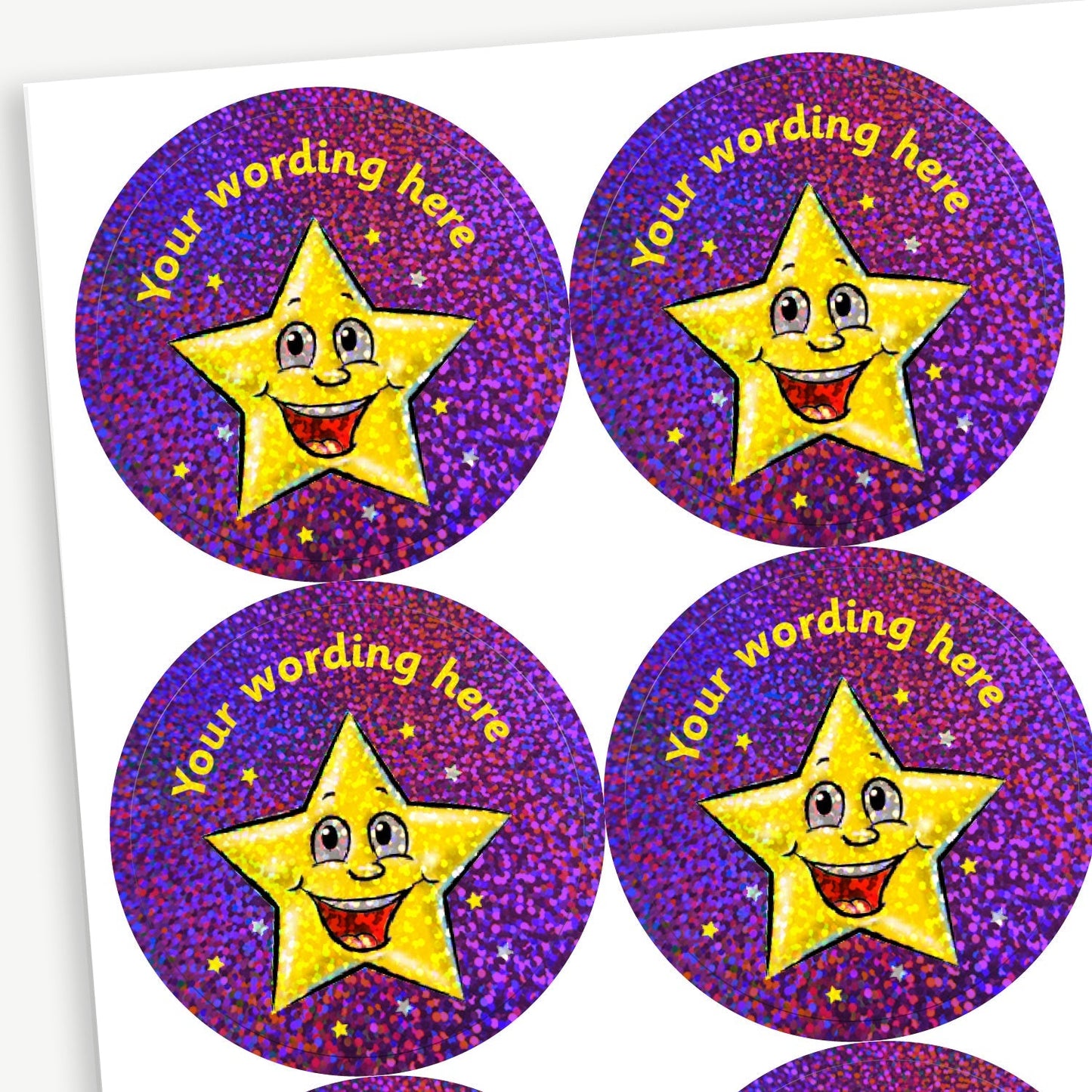 70 Personalised Holographic Smiley Star Stickers - 37mm