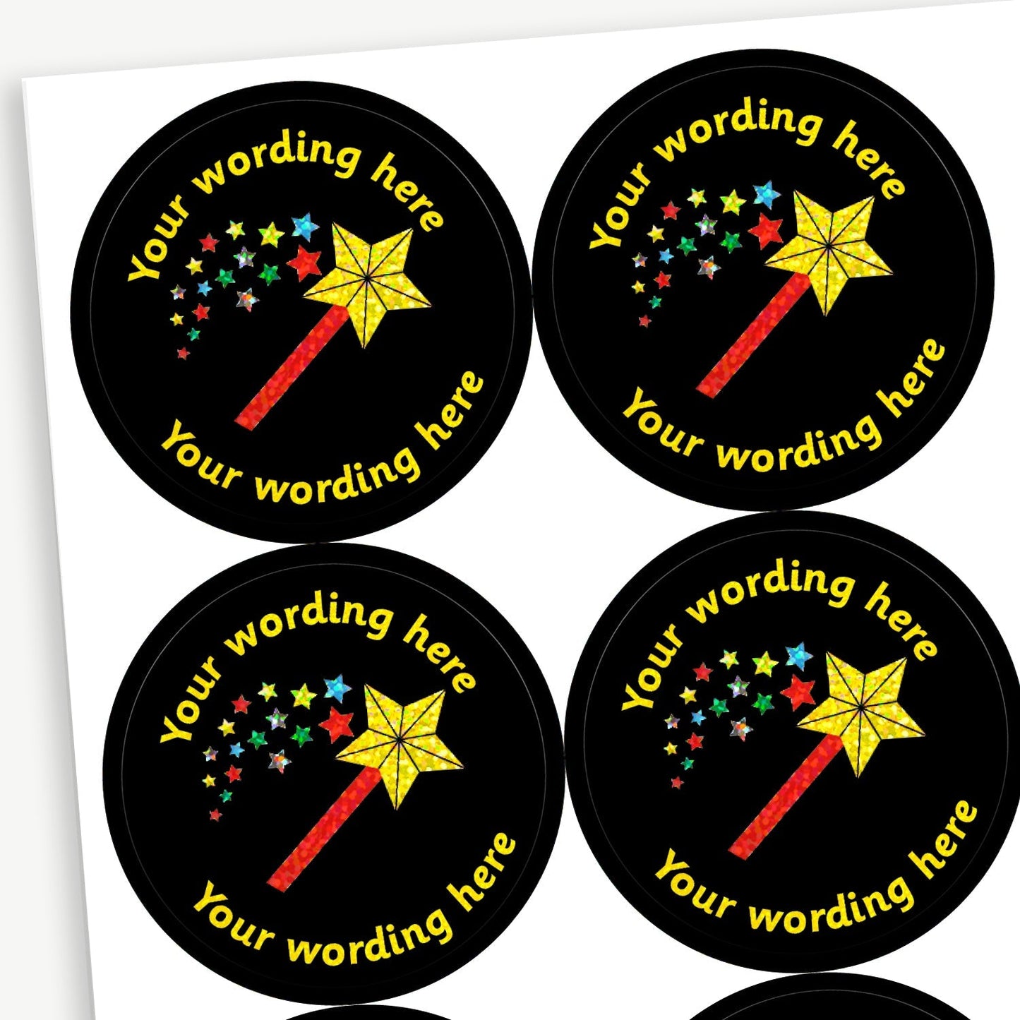 70 Personalised Holographic Magic Wand Stickers - 37mm