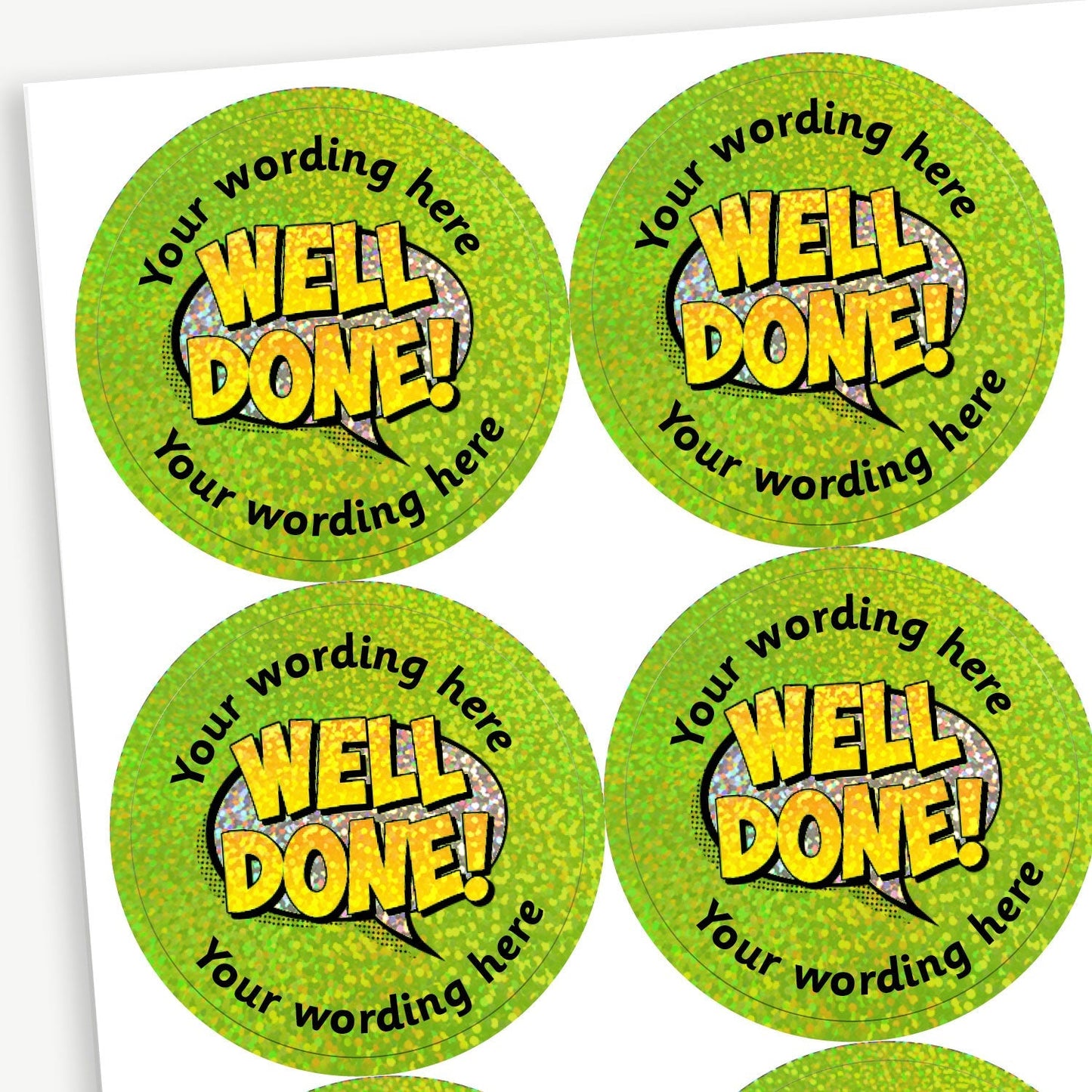 70 Personalised Holographic Well Done Speech Bubble Stickers - 37mm