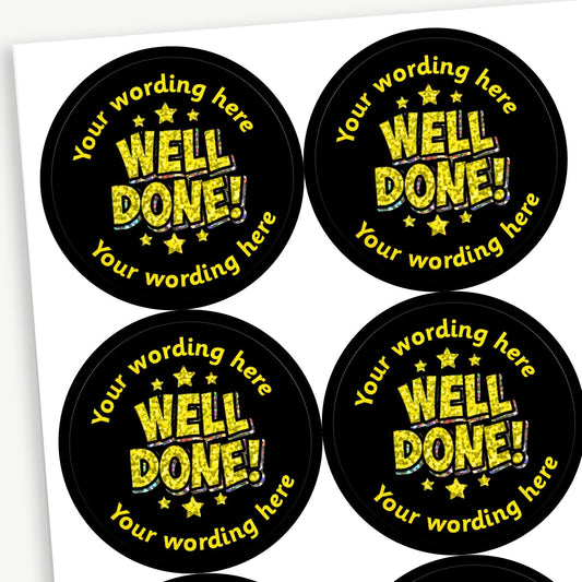 70 Personalised Holographic Well Done Stars Stickers - 37mm