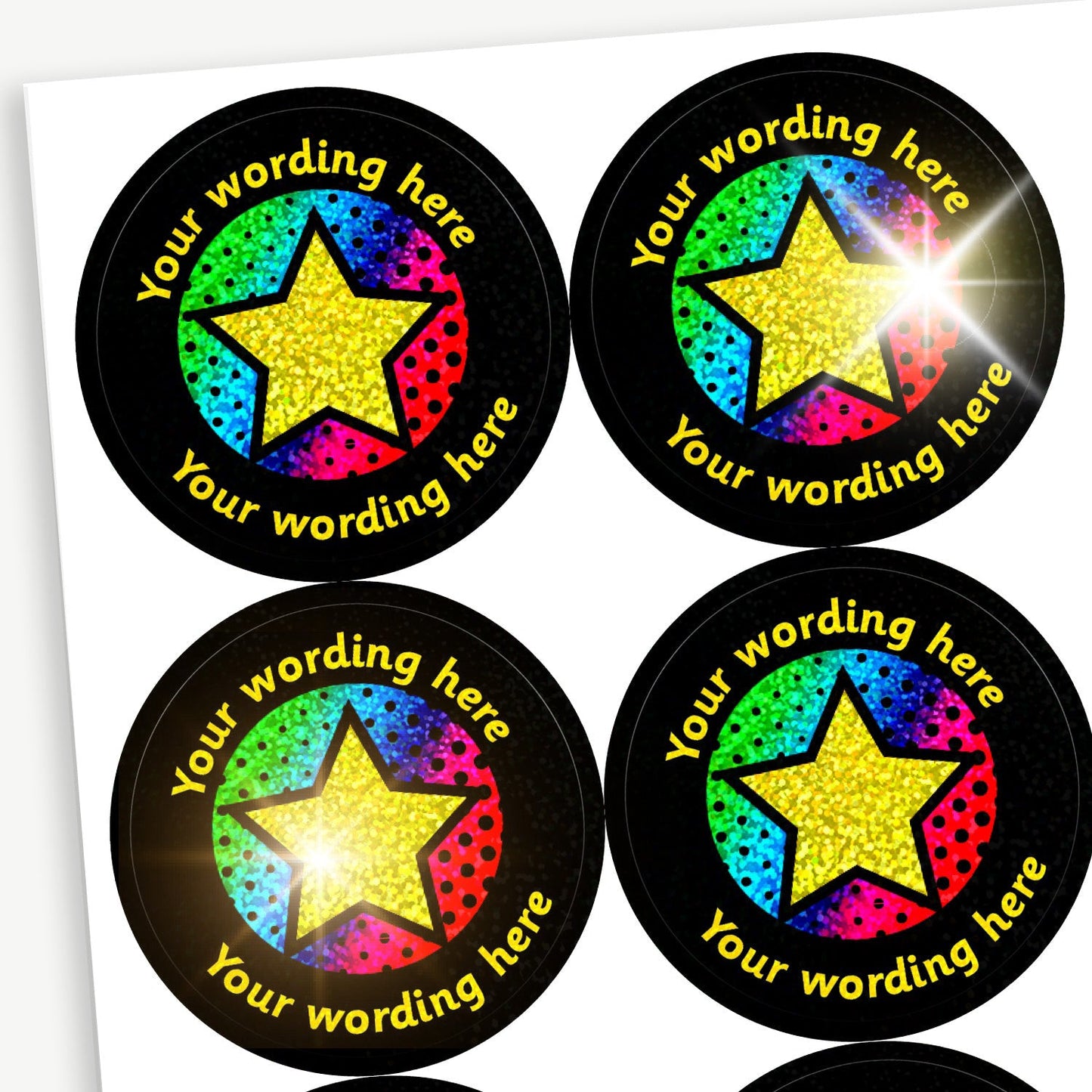 70 Personalised Holographic Neon Star Stickers - 37mm