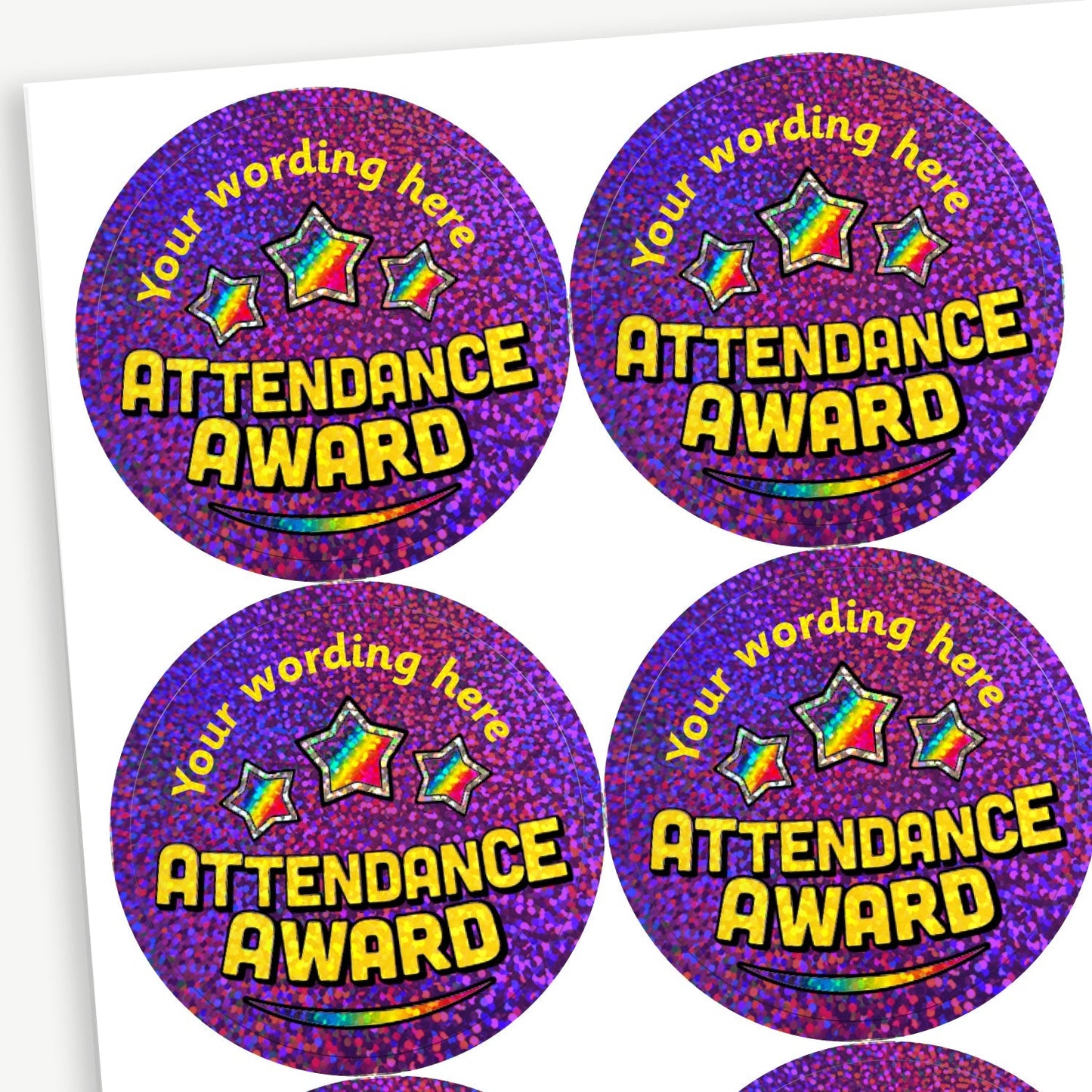 70 Personalised Holographic Attendance Award Stickers - 37mm