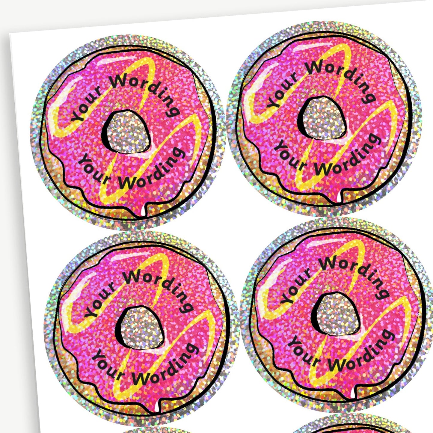 70 Personalised Holographic Doughnut Stickers - 37mm