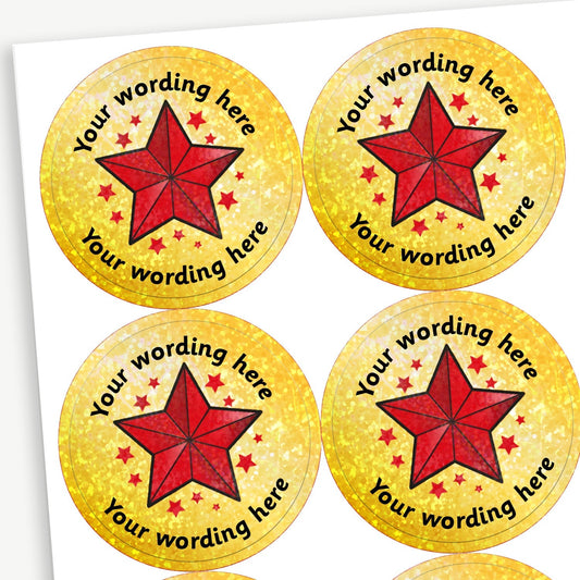 70 Personalised Holographic Coloured Star Gold Stickers - 37mm