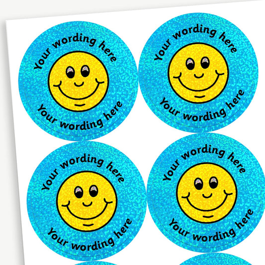 70 Personalised Holographic Smiley Stickers - 37mm