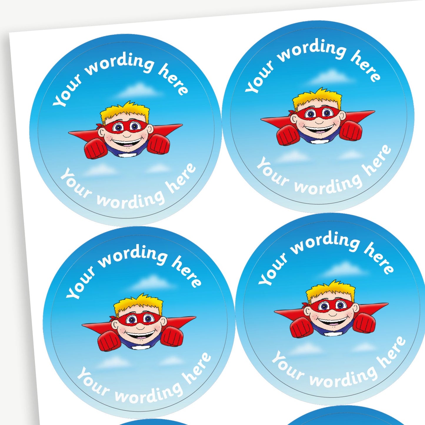 35 Personalised Flying Superhero Boy Stickers - 37mm