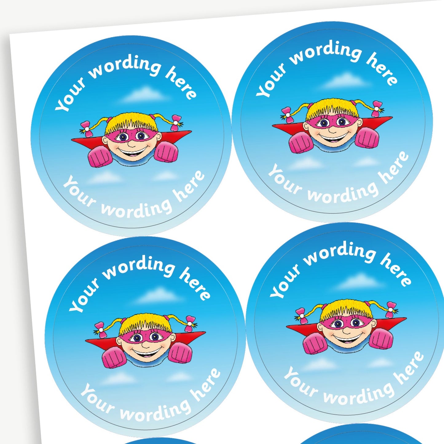 35 Personalised Flying Superhero Girl Stickers - 37mm