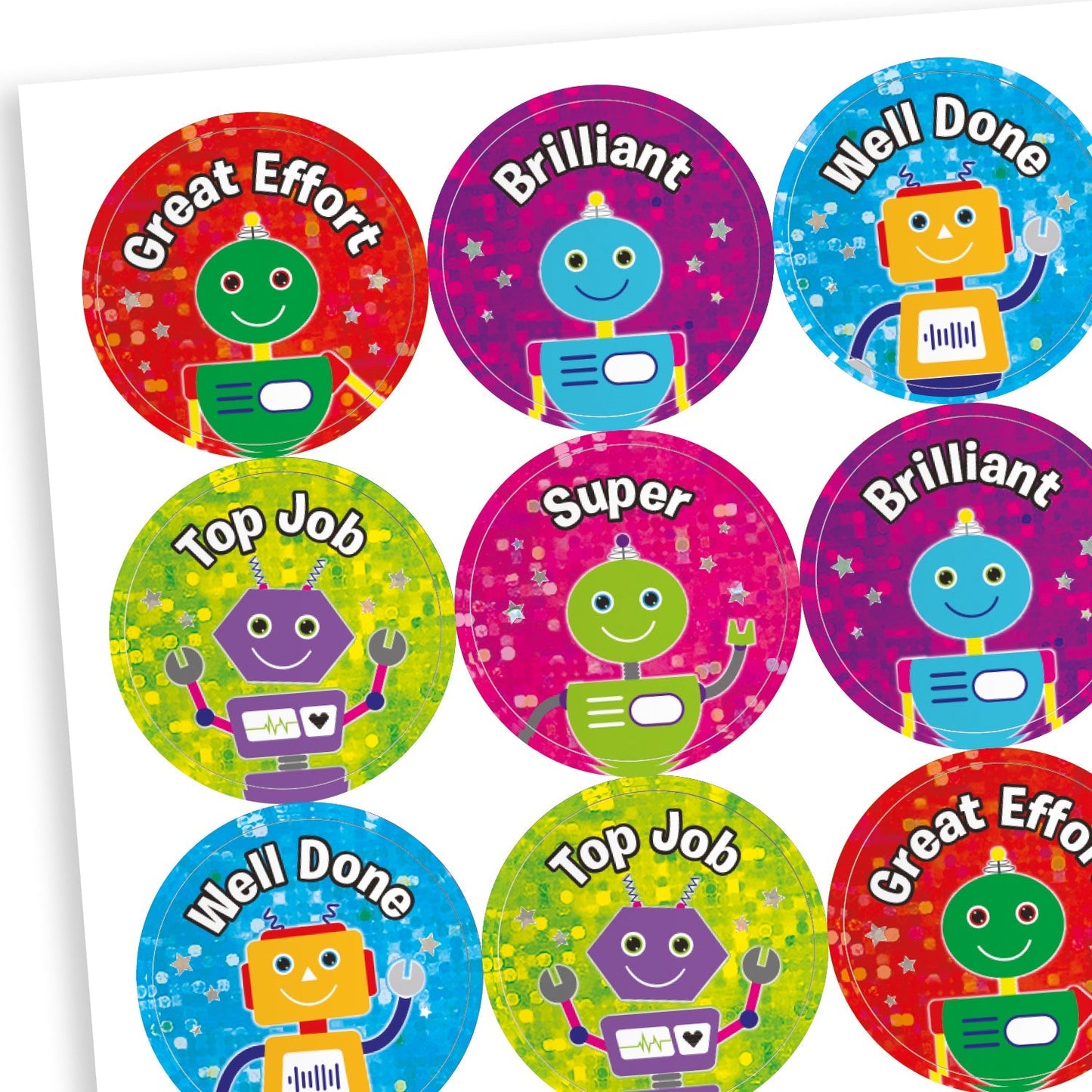 30 Holographic Robot Stickers - 25mm