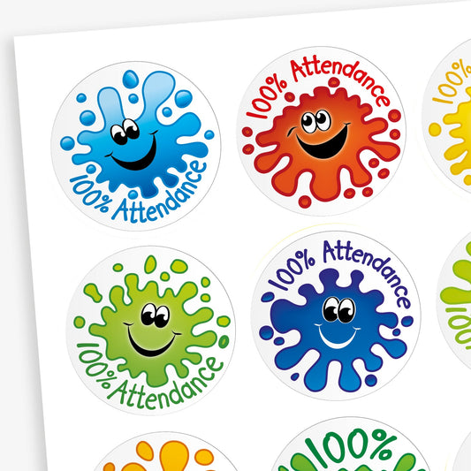 100% Attendance Splash Stickers - 32mm
